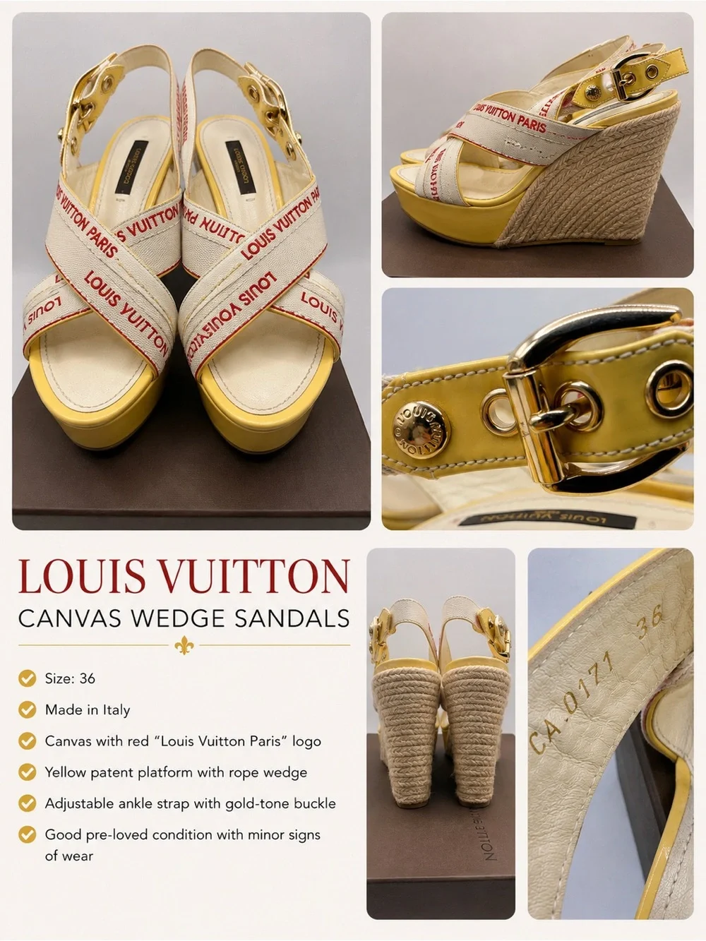 Louis Vuitton Yellow Canvas & Patent Leather Wedge Sandals with Red Logo Straps